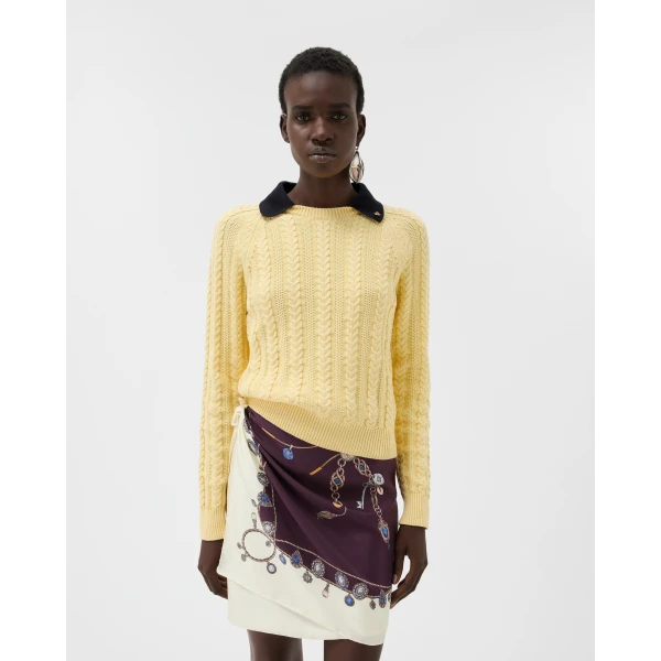 Versace Cotton Cable Knit Polo in Yellow, view 2 | Tops