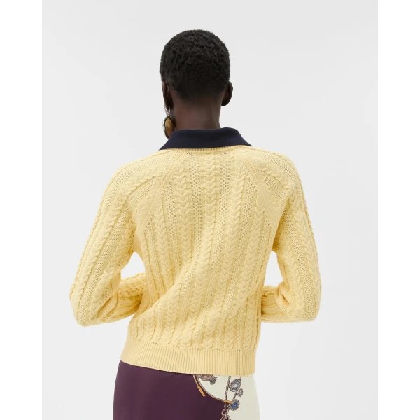 Versace Cotton Cable Knit Polo in Yellow, view 3 | Tops