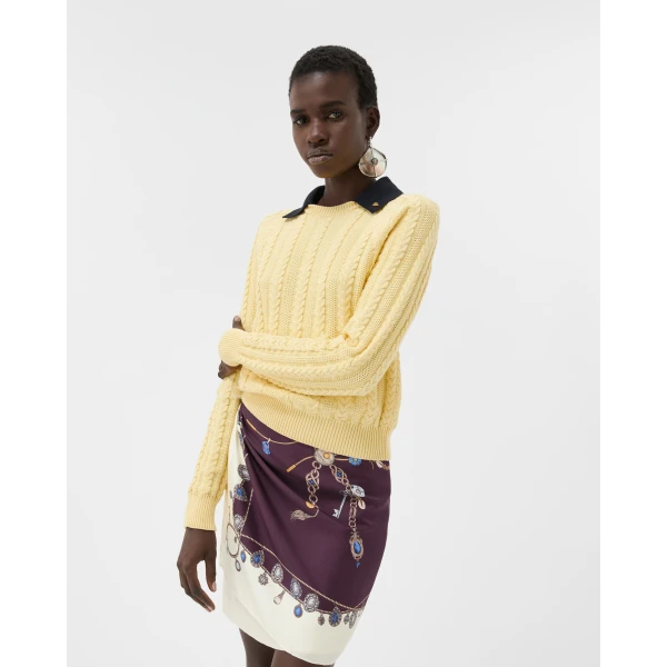 Versace Cotton Cable Knit Polo in Yellow, view 4 | Tops