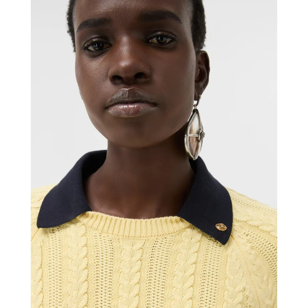Versace Cotton Cable Knit Polo in Yellow, view 5 | Tops