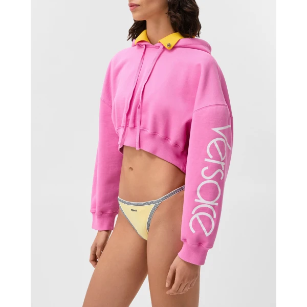 Versace Cotton Crop Hoodie in Pink, view 4 | Hoodies