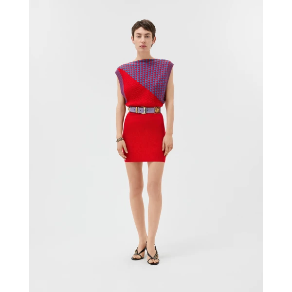 Versace Cotton Knit Mini Dress in Blue and Red, view 2 | Mini Dresses