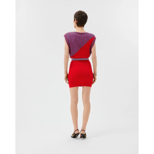 Versace Cotton Knit Mini Dress in Blue and Red, view 3 | Mini Dresses