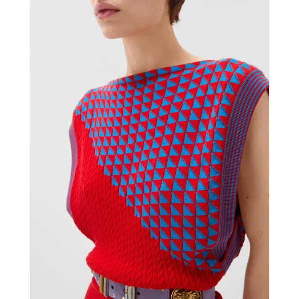 Versace Cotton Knit Mini Dress in Blue and Red, view 4 | Mini Dresses