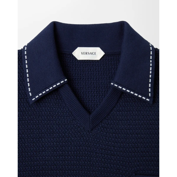 Versace Cotton Knit T-Shirt in Blue, view 2 | Sweaters