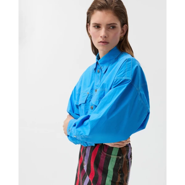 Versace Cotton-Poplin Crop Shirt in Light Blue, view 4 | Shirts