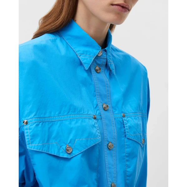 Versace Cotton-Poplin Crop Shirt in Light Blue, view 5 | Shirts