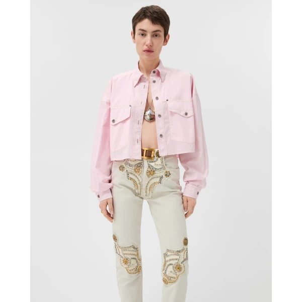 Versace Cotton-Poplin Crop Shirt in Light Pink, view 2 | Shirts