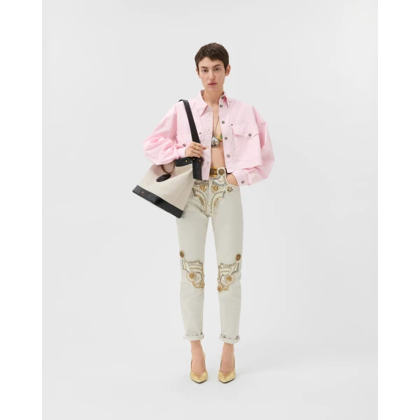 Versace Cotton-Poplin Crop Shirt in Light Pink, view 6 | Shirts