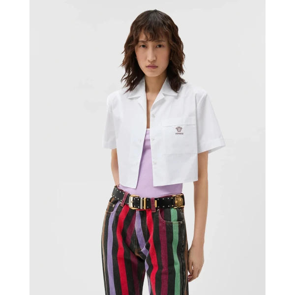Versace Cotton-Poplin Crop Shirt in White, view 2 | Shirts