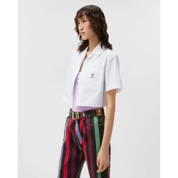 Versace Cotton-Poplin Crop Shirt in White, view 4 | Shirts