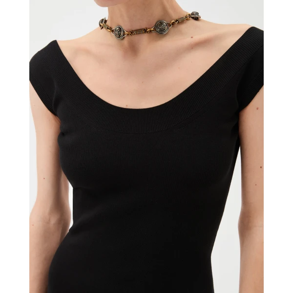 Versace Cotton Ribbed Knit Midi Dress in Black, view 5 | Midi Dresses