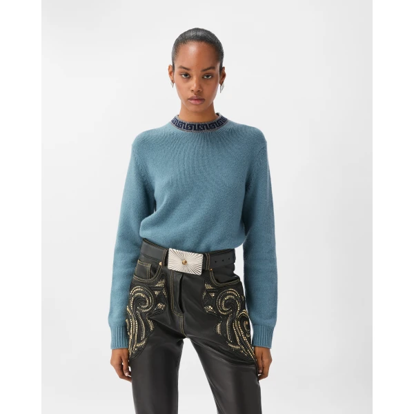 Versace Crewneck Wool and Cashmere Sweater in Light Blue, view 2 | Sweaters