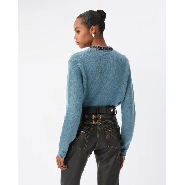 Versace Crewneck Wool and Cashmere Sweater in Light Blue, view 3 | Sweaters