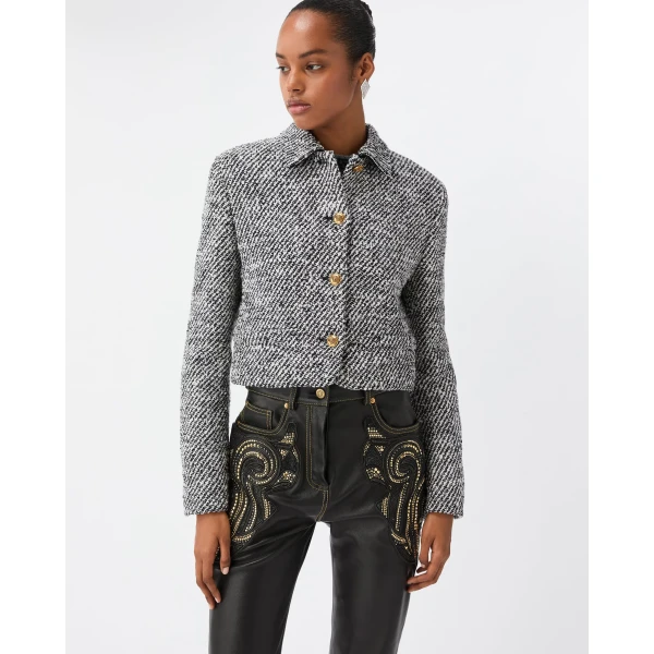 Versace Cropped Wool Bouclé Blouson in Grey, view 2 | Jackets