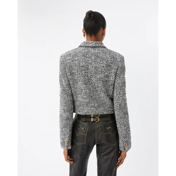 Versace Cropped Wool Bouclé Blouson in Grey, view 3 | Jackets