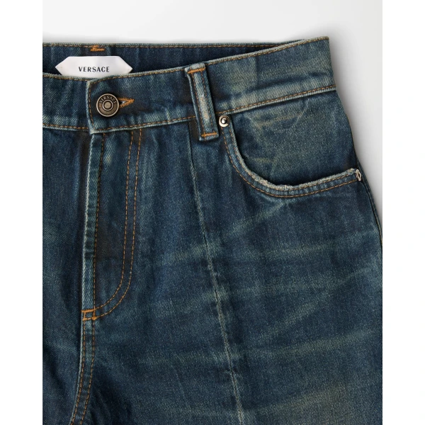 Versace Distressed Straight Jeans in Blue, view 2 | Denim