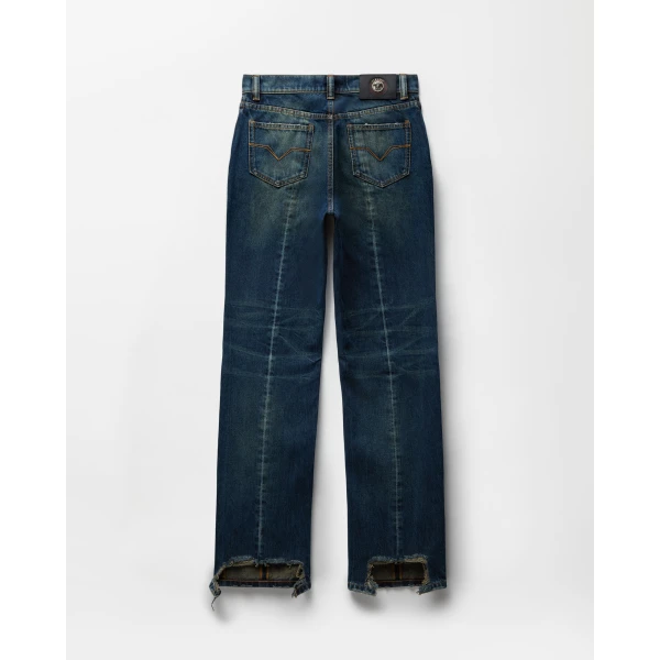 Versace Distressed Straight Jeans in Blue, view 3 | Denim