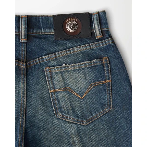 Versace Distressed Straight Jeans in Blue, view 4 | Denim