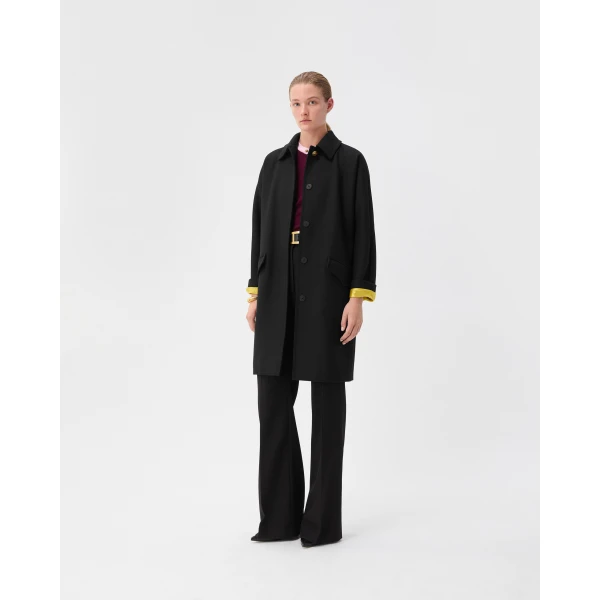 Versace Double-Wool Light Felted Coat in Black and Lime, view 2 | Wool Coat