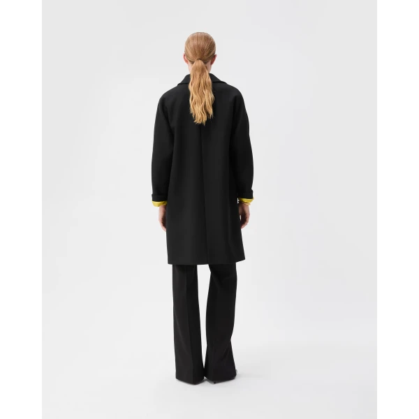 Versace Double-Wool Light Felted Coat in Black and Lime, view 3 | Wool Coat