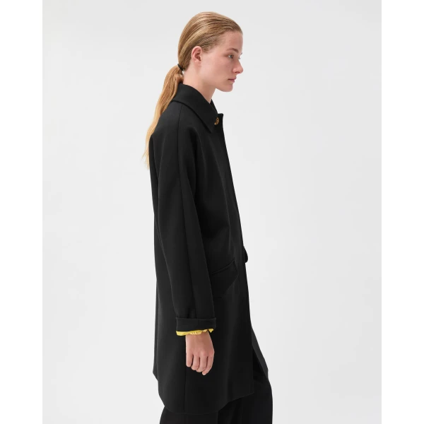 Versace Double-Wool Light Felted Coat in Black and Lime, view 4 | Wool Coat