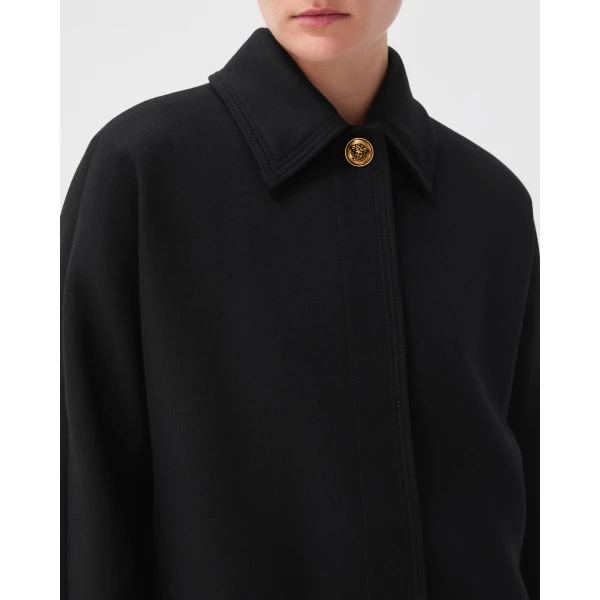 Versace Double-Wool Light Felted Coat in Black and Lime, view 5 | Wool Coat