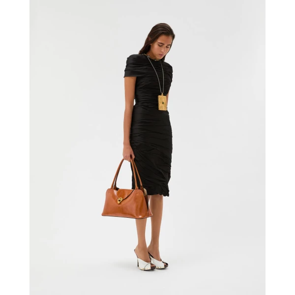 Versace Draped Envers-Satin Midi Dress in Black, view 2 | Midi Dresses