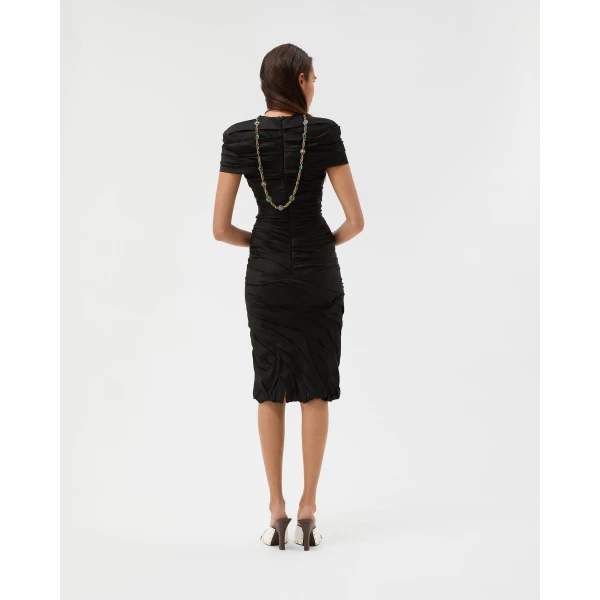 Versace Draped Envers-Satin Midi Dress in Black, view 3 | Midi Dresses