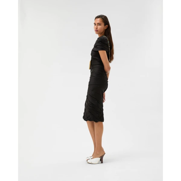 Versace Draped Envers-Satin Midi Dress in Black, view 4 | Midi Dresses