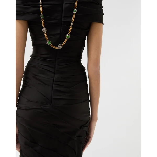 Versace Draped Envers-Satin Midi Dress in Black, view 5 | Midi Dresses