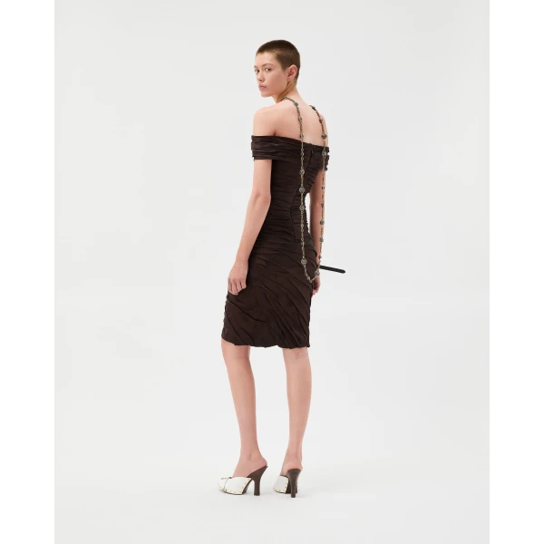 Versace Draped Envers-Satin Off-Shoulder Midi Dress in Brown, view 3 | Midi Dresses