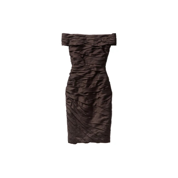 Draped Envers-Satin Off-Shoulder Midi Dress in Brown