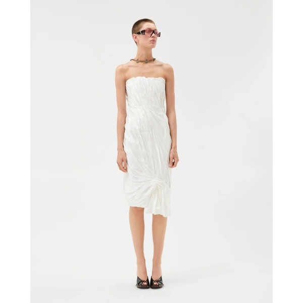 Versace Draped Envers-Satin Strapless Midi Dress in White, view 2 | Midi Dresses