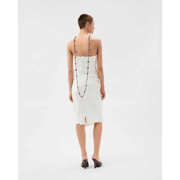 Versace Draped Envers-Satin Strapless Midi Dress in White, view 3 | Midi Dresses