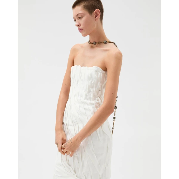 Versace Draped Envers-Satin Strapless Midi Dress in White, view 4 | Midi Dresses