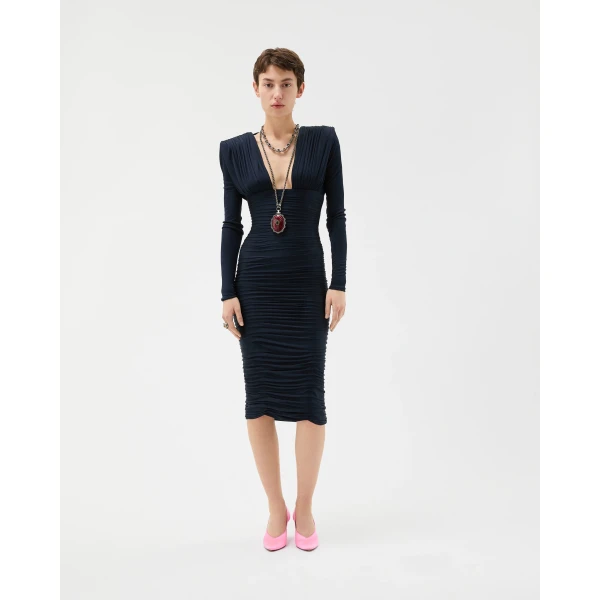 Versace Draped Silk Crêpe Jersey Midi Dress in Navy, view 2 | Midi Dresses