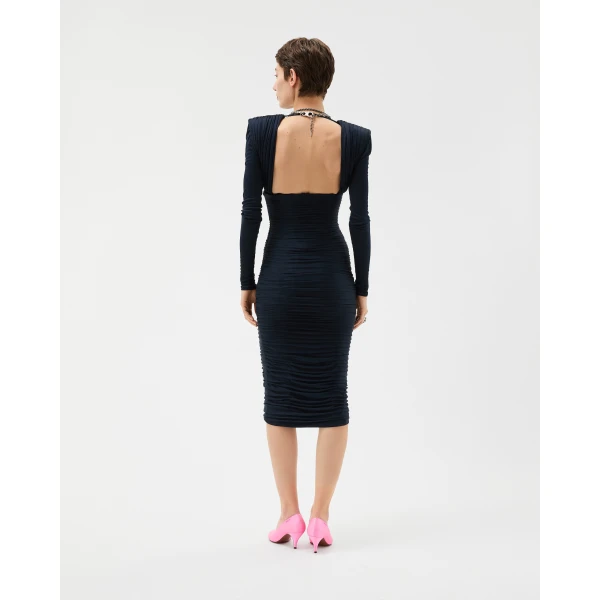 Versace Draped Silk Crêpe Jersey Midi Dress in Navy, view 3 | Midi Dresses