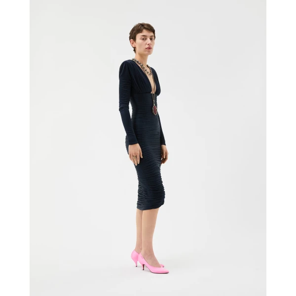 Versace Draped Silk Crêpe Jersey Midi Dress in Navy, view 4 | Midi Dresses