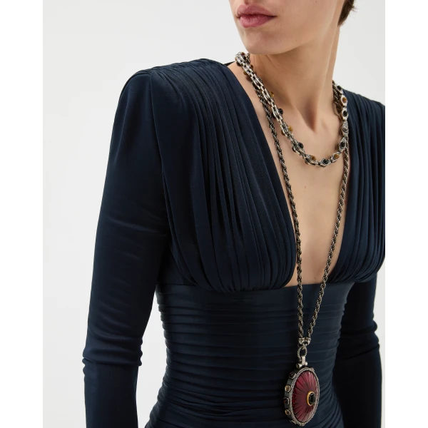 Versace Draped Silk Crêpe Jersey Midi Dress in Navy, view 5 | Midi Dresses