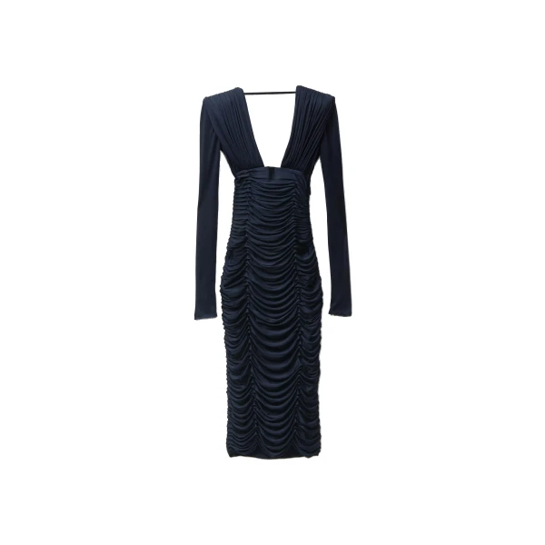 Draped Silk Crêpe Jersey Midi Dress in Navy
