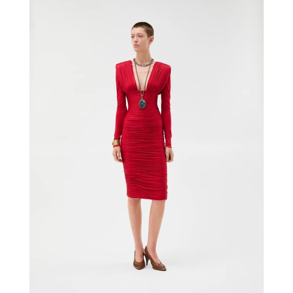 Versace Draped Silk Crêpe Jersey Midi Dress in Red, view 2 | Midi Dresses