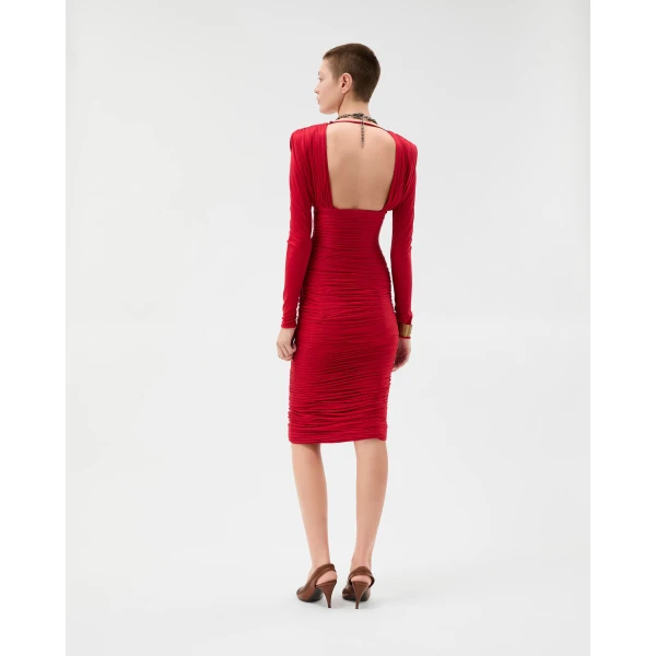 Versace Draped Silk Crêpe Jersey Midi Dress in Red, view 3 | Midi Dresses