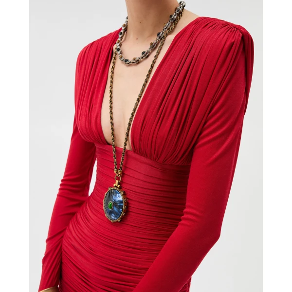 Versace Draped Silk Crêpe Jersey Midi Dress in Red, view 4 | Midi Dresses