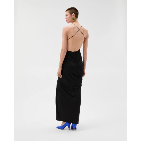 Versace Draped Viscose-Jersey Gown in Black, view 3 | Evening Gowns