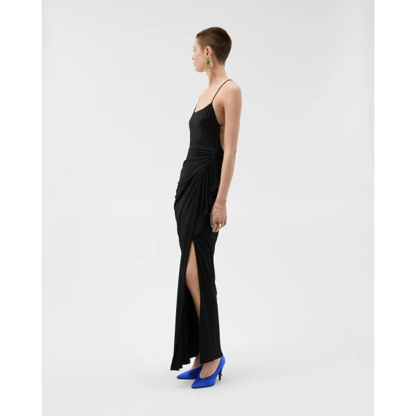 Versace Draped Viscose-Jersey Gown in Black, view 4 | Evening Gowns