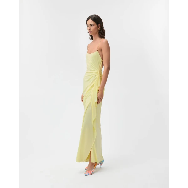 Versace Draped Viscose-Jersey Gown in Yellow, view 4 | Evening Gowns