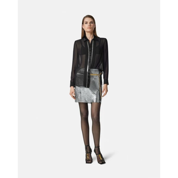Versace Embellished Metal Mesh Mini Skirt in Silver, view 2 | Mini Skirts