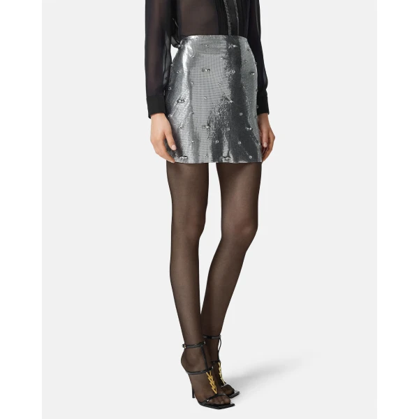 Versace Embellished Metal Mesh Mini Skirt in Silver, view 4 | Mini Skirts