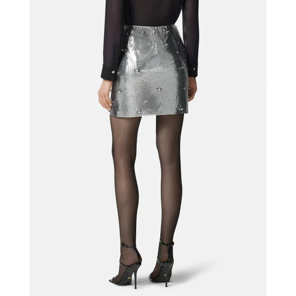 Versace Embellished Metal Mesh Mini Skirt in Silver, view 5 | Mini Skirts